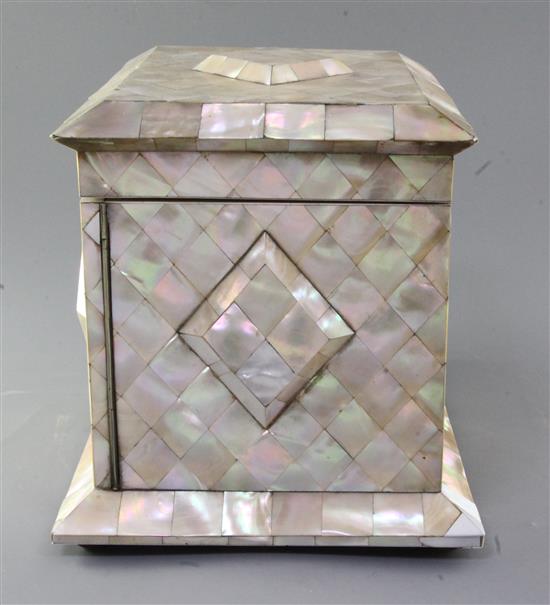 A Victorian mother of pearl and ivory work casket, width 12in. depth 8.75in. height 9in.